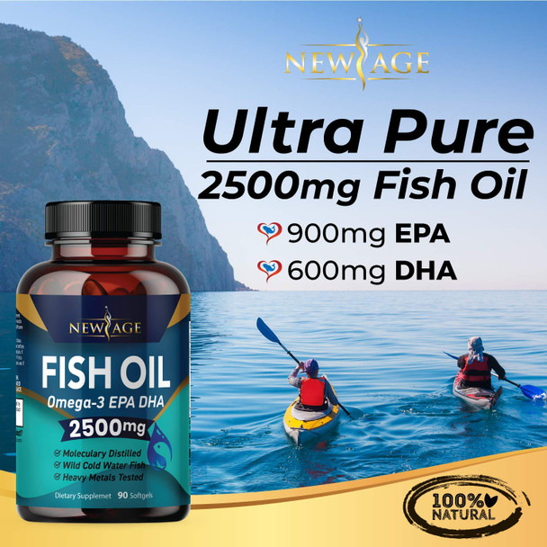 Omega 3 Fish Oil 2500mg Supplement by New Age – Immune & Heart Support – Promotes Joint, Eye, Brain & Skin Health - Non GMO 90 Softgels - EPA, DHA Fatty Acids Gluten Free