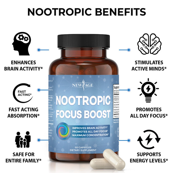 Nootropic Capsules by New Age-Brain Supplement Nootropics Booster -Enhance Focus -Boost Concentration-Improve Memory & Clarity for Men & Women –with Bacopa Monnieri & Gingko Bilboa-120 Count –2 Pack