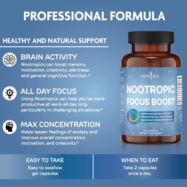 Nootropic Capsules by New Age-Brain Supplement Nootropics Booster -Enhance Focus -Boost Concentration-Improve Memory & Clarity for Men & Women –with Bacopa Monnieri & Gingko Bilboa-120 Count –2 Pack