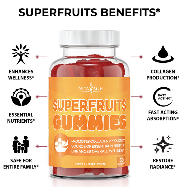 SuperFruits Gummies by NEW AGE - Helps Improves Collagen for Hair, Skin, Nails & Wrinkles - Vegan Collagen Vitamin Gummy - Pack with Vitamins and Nutrients - Non-GMO, Gluten-Free - 120 Count - 2 Pack