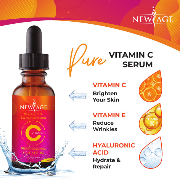 (2-PACK) Vitamin C Serum with Hyaluronic Acid for Face and Eyes - Natural Anti Aging Eye Serum - Facial Serum Fades Age Spots and Sun Damage - By New Age