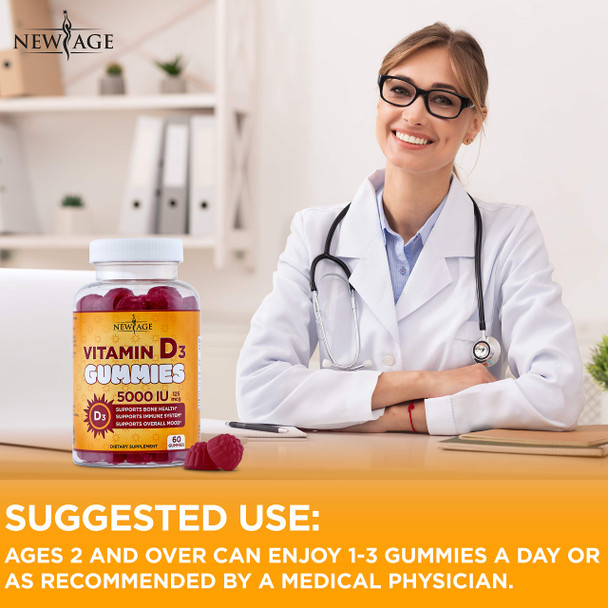 Vitamin D3 5000 IU 125mcg Gummies by New Age - 2 Pack - Support Immune Health - Non-GMO, Gluten-Free, Dairy-Free, No Gelatin - 120 Count