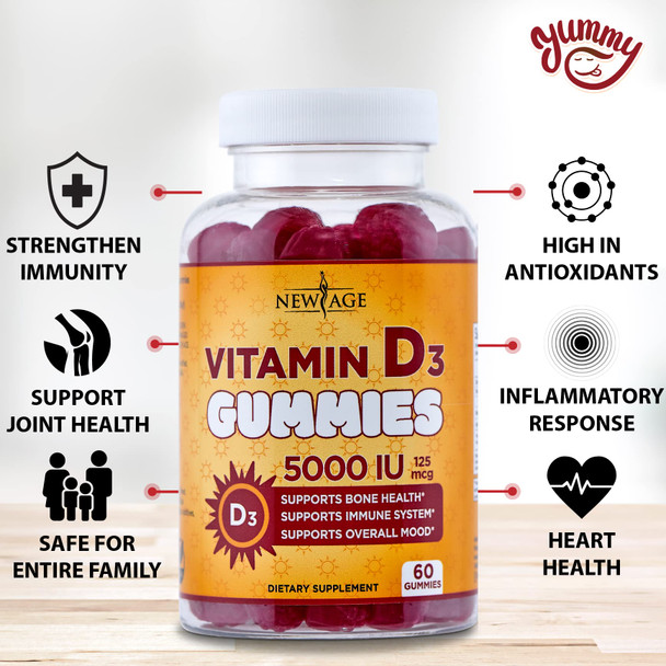 Vitamin D3 5000 IU 125mcg Gummies by New Age - 2 Pack - Support Immune Health - Non-GMO, Gluten-Free, Dairy-Free, No Gelatin - 120 Count