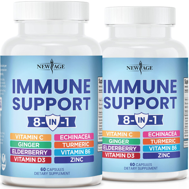 8 in 1 Immune Support Booster Supplement with Elderberry, Vitamin C and Zinc 50mg, Vitamin D 5000 IU, Turmeric Curcumin & Ginger, B6, Echinacea - 120 Count - 2 Pack