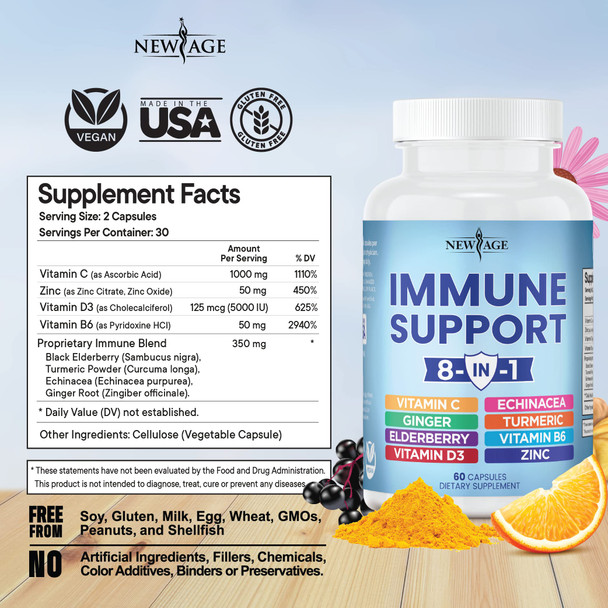 8 in 1 Immune Support Booster Supplement with Elderberry, Vitamin C and Zinc 50mg, Vitamin D 5000 IU, Turmeric Curcumin & Ginger, B6, Echinacea - 120 Count - 2 Pack