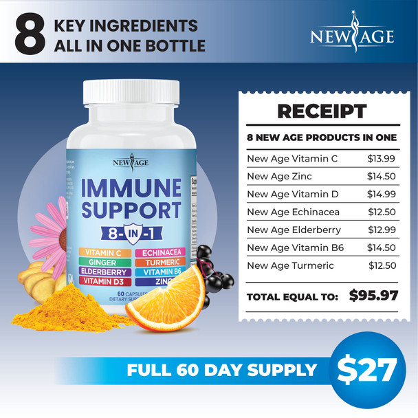 8 in 1 Immune Support Booster Supplement with Elderberry, Vitamin C and Zinc 50mg, Vitamin D 5000 IU, Turmeric Curcumin & Ginger, B6, Echinacea - 120 Count - 2 Pack