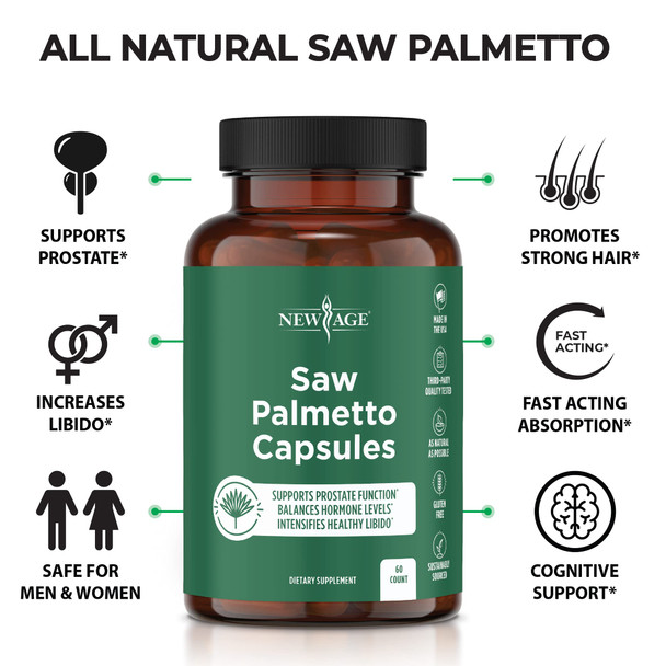 Saw Palmetto by NEW AGE - Helps Improves Prostate Health and Hair Growth- Beta Blocker to Decrease Frequent Urination for Men and Women- 120 Count - 2 Pack
