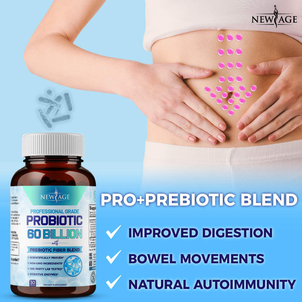 Probiotics 60 Billion CFU with Prebiotic Formula - Probiotics for Women and Men and Adults, 100% Natural Digestive Enzymes, Shelf Stable Probiotic Supplement Prebiotic