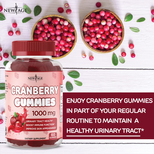 Cranberry Gummies by New Age - Urinary Tract Health Gummies 1000mg - Supports Bladder, Kidney, UTI - Vegetarian, 2 Pack -120 Count