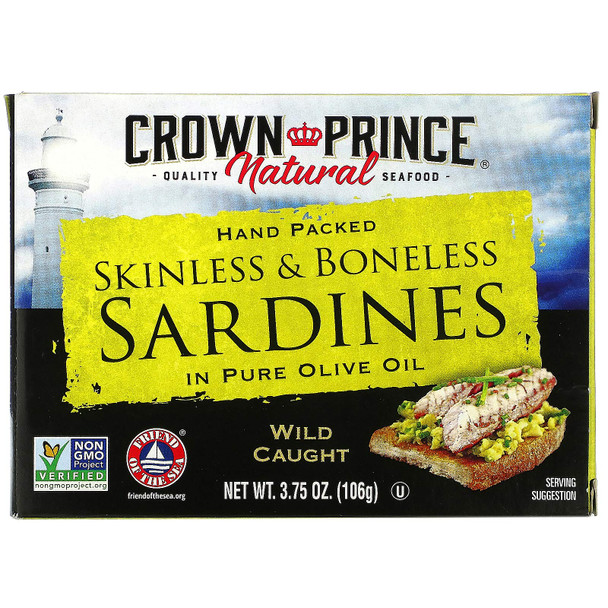 Crown Prince Skinless and Boneless Sardines In Pure Olive Oil - Case of 12 - 3.75 oz.