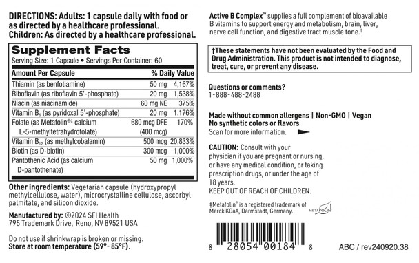 Klaire Labs SFI Health Active B Complex - Methylated Vitamin B Complex with Methyl Folate B12 B6 and More - Support Healthy Energy Brain Liver & Nerve Function 60 Capsules