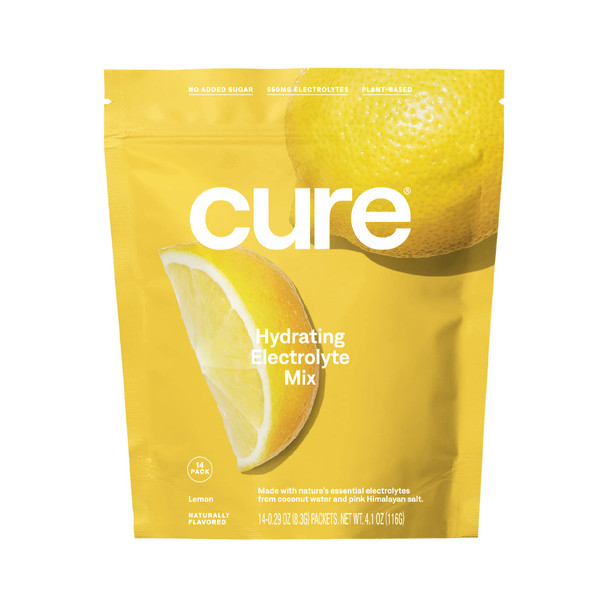 Cure Hydrating Electrolyte Mix | Electrolyte Powder for Dehydration Relief | Made with Coconut Water | No Added Sugar | Vegan | Paleo Friendly | Pouch of 14 Hydration Packets - Lemon Flavor