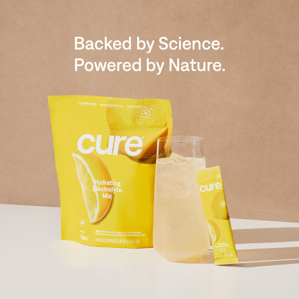 Cure Hydrating Electrolyte Mix | Electrolyte Powder for Dehydration Relief | Made with Coconut Water | No Added Sugar | Vegan | Paleo Friendly | Pouch of 14 Hydration Packets - Lemon Flavor