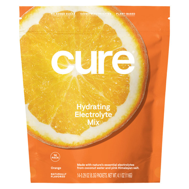 Cure Hydrating Electrolyte Mix | Electrolyte Powder for Dehydration Relief | Made with Coconut Water | No Added Sugar | Vegan | Paleo Friendly | Pouch of 14 Hydration Packets - Orange Flavor