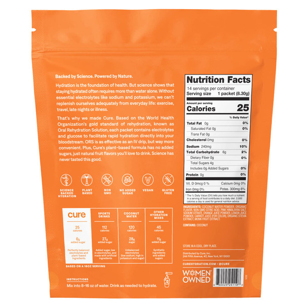 Cure Hydrating Electrolyte Mix | Electrolyte Powder for Dehydration Relief | Made with Coconut Water | No Added Sugar | Vegan | Paleo Friendly | Pouch of 14 Hydration Packets - Orange Flavor