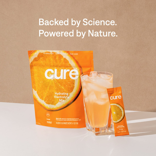 Cure Hydrating Electrolyte Mix | Electrolyte Powder for Dehydration Relief | Made with Coconut Water | No Added Sugar | Vegan | Paleo Friendly | Pouch of 14 Hydration Packets - Orange Flavor