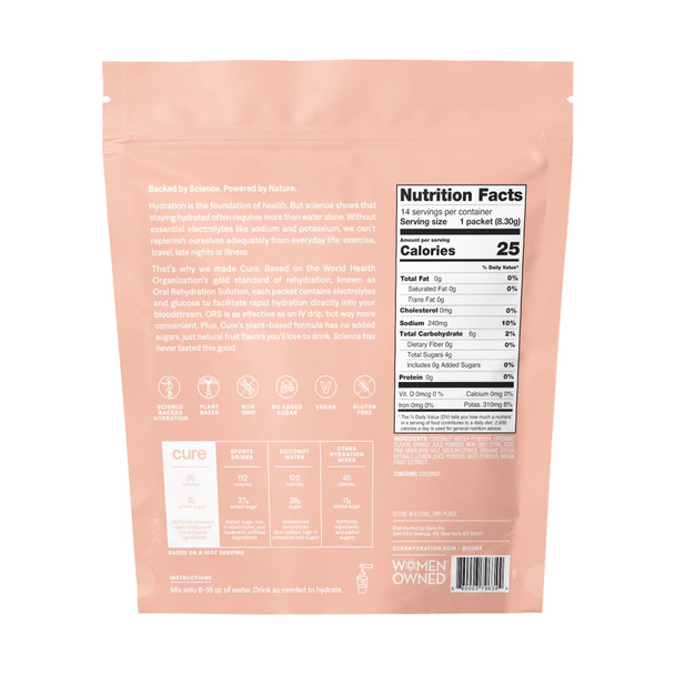 Cure Hydrating Electrolyte Mix | Electrolyte Powder for Dehydration Relief | Made with Coconut Water | No Added Sugar | Vegan | Paleo Friendly | Pouch of 14 Hydration Packets - Grapefruit Flavor