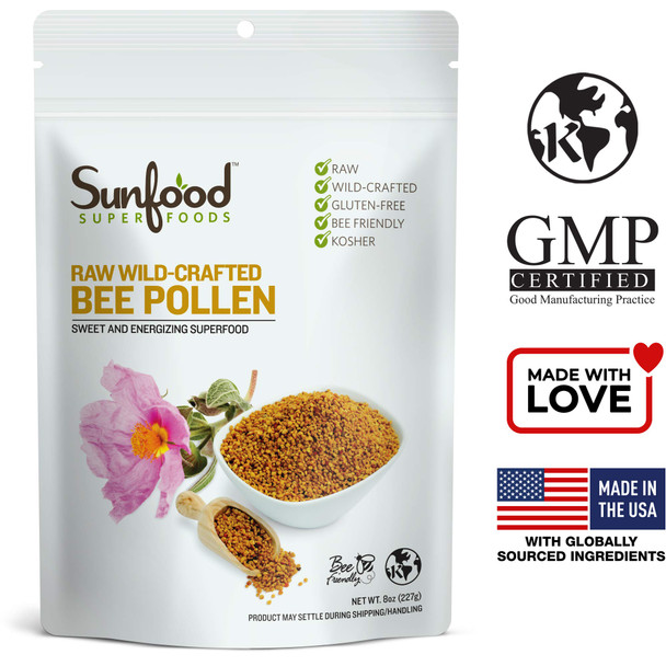 Sunfood Superfoods Bee Pollen Granules - Raw, Wild-Crafted - High Intensity Superfood Rich in Vitamins - Complete Protein Source - 100% Pure - Non-GMO - Gently Dried - 8 oz Bag