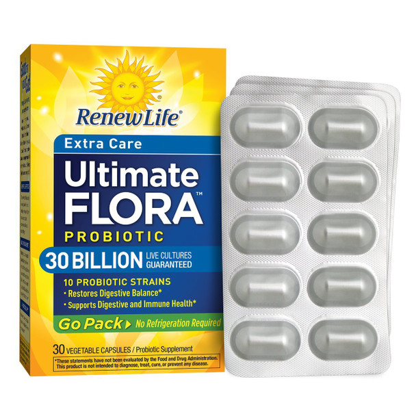 Renew Life Adult Probiotic  Ultimate Flora Probiotic Extra Care Go Pack Shelf Stable Probiotic Supplement  30 billion  30 Vegetable Capsules Packaging May Vary