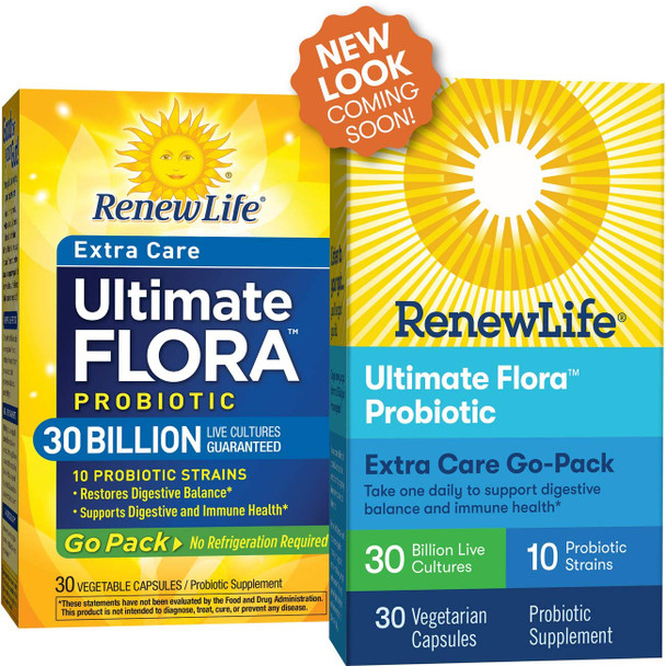 Renew Life Adult Probiotic  Ultimate Flora Probiotic Extra Care Go Pack Shelf Stable Probiotic Supplement  30 billion  30 Vegetable Capsules Packaging May Vary