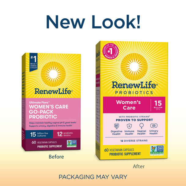 Renew Life Womens Probiotic  Ultimate Flora Womens Care GoPack Probiotic Supplement  Shelf Stable Gluten Dairy  Soy Free  15 Billion CFU  60 Vegetarian Capsules Packaging May Vary