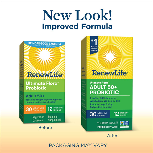 Renew Life Adult Probiotic  Ultimate Flora Adult 50 Probiotic Supplement  Shelf Stable Gluten Dairy  Soy Free  30 Billion CFU  90 Vegetarian Capsules packaging may vary