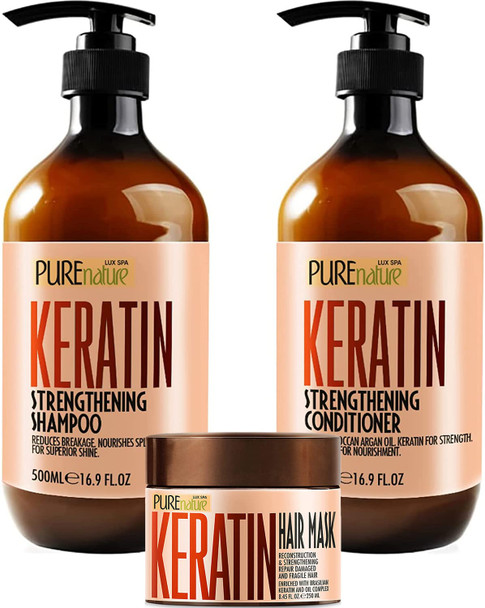 Pure Nature Lux Spa Keratin Shampoo and Conditioner Set and Hair Mask  Sulfate Free Moisturizing Treatment for Men and Women  Hair Thickening Product for Volume and Shine  With Moroccan Argan Oil