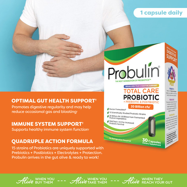 Probulin Total Care Gut Support Daily Probiotic Supplement for Adults 20 Billion CFU 30 Capsules