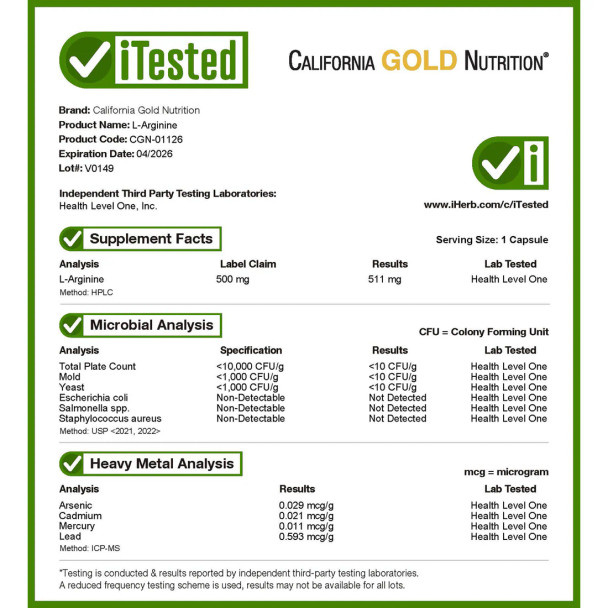 California Gold Nutrition L-Arginine, AjiPure, 500 mg, 60 Veggie Capsules