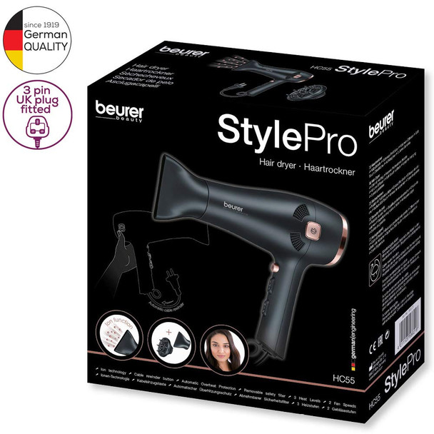 Beurer Style Pro HC55 Hair Dryer With Cable Rewind 2000Watt Hair Dryer With Integrated Ion Function Slim Nozzle Attachment  Volume Diffuser Attachment 3 Heat Settings 2 Speed Settings