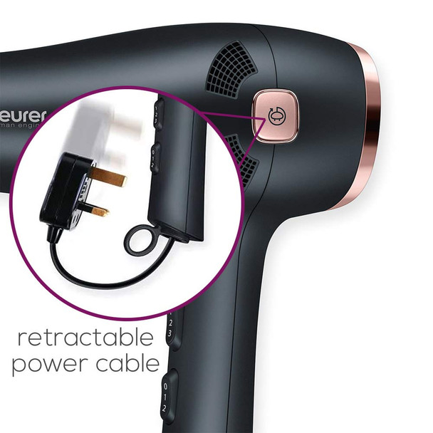 Beurer Style Pro HC55 Hair Dryer With Cable Rewind 2000Watt Hair Dryer With Integrated Ion Function Slim Nozzle Attachment  Volume Diffuser Attachment 3 Heat Settings 2 Speed Settings