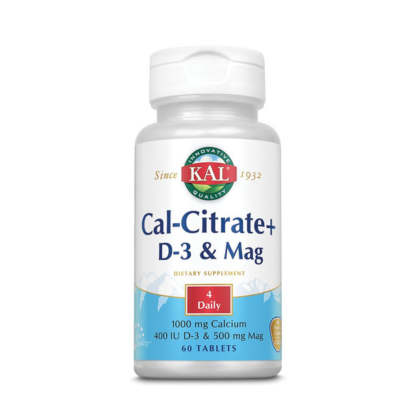 KAL Cal-Citrate Plus 1000mg | Blend of Calcium Citrate, Magnesium and Vitamin D-3 | for Healthy Bones & Teeth | No Gluten & Non-GMO | 60 Tablets