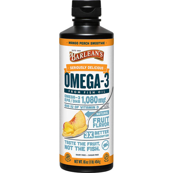 Barleans Mango Peach Omega 3 Fish Oil Supplements  1080mg of EPA/DHA 600 IU Vitamin D3 for Brain Heart Joint  Immune Health  Non GMO Gluten Free AllNatural Fruit Smoothie  16Ounce Barleans Mango Peach Omega 3 Fish Oil Supplements  1080mg of EPA/DHA 600 IU Vitamin D3 for Brain Heart Joint  Immune Health  Non GMO Gluten Free AllNatural Fruit Smoothie  16Ounce