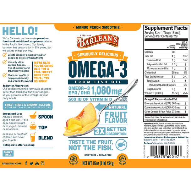 Barleans Mango Peach Omega 3 Fish Oil Supplements  1080mg of EPA/DHA 600 IU Vitamin D3 for Brain Heart Joint  Immune Health  Non GMO Gluten Free AllNatural Fruit Smoothie  16Ounce Barleans Mango Peach Omega 3 Fish Oil Supplements  1080mg of EPA/DHA 600 IU Vitamin D3 for Brain Heart Joint  Immune Health  Non GMO Gluten Free AllNatural Fruit Smoothie  16Ounce