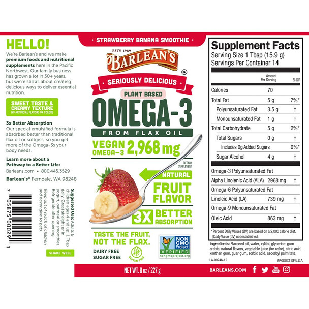 Barleans Organic Oils Seriously Delicious Strawberry Banana Smoothie from Flax Oil with 2968 mgs of Omega3 Vegan All Natural Fruit Flavor NonGMO Gluten Free  16Ounce Default