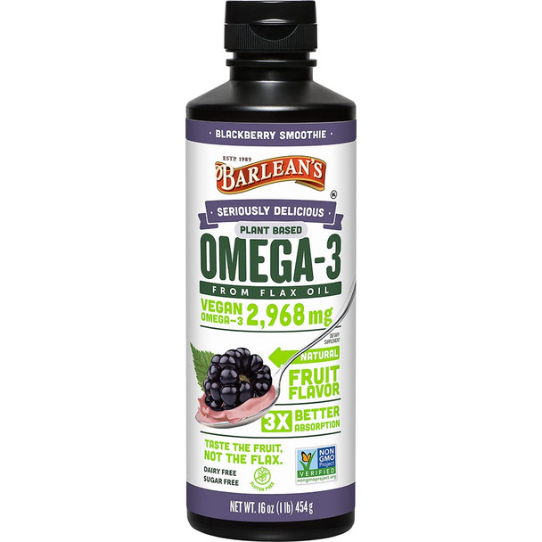 Barleans Seriously Delicious Blackberry Smoothie from Flax Oil with 2968 mgs of Omega3  Vegan AllNatural Fruit Flavor NonGMO Gluten Free  16Ounce