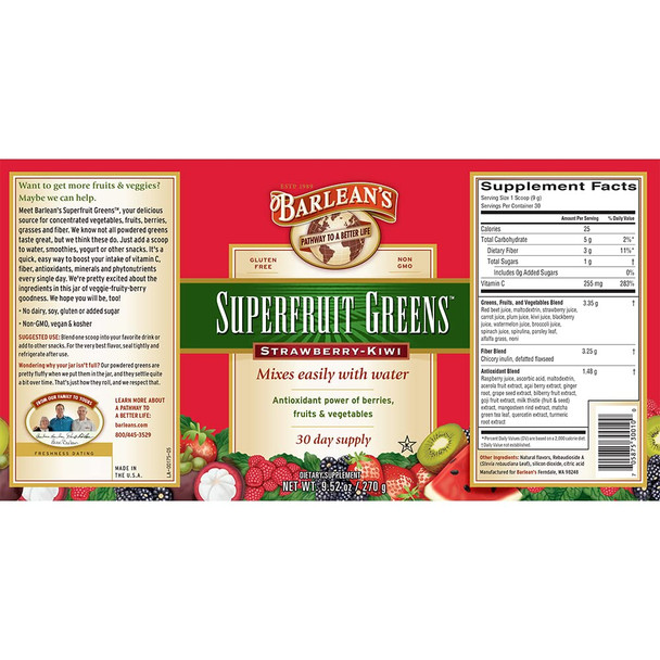 Barleans Superfruit Greens Powder with Antioxidant Power of Berries Fruits and Vegetables  Vegan Non GMO Gluten Free  9.52Ounce