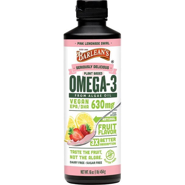 Barleans Organic Oils Seriously Delicious Pink Lemonade Swirl from Algae Oil with 630 mg of Omega3 EPA/DHA  Vegan AllNatural Fruit Flavor NonGMO GlutenFree  16 oz