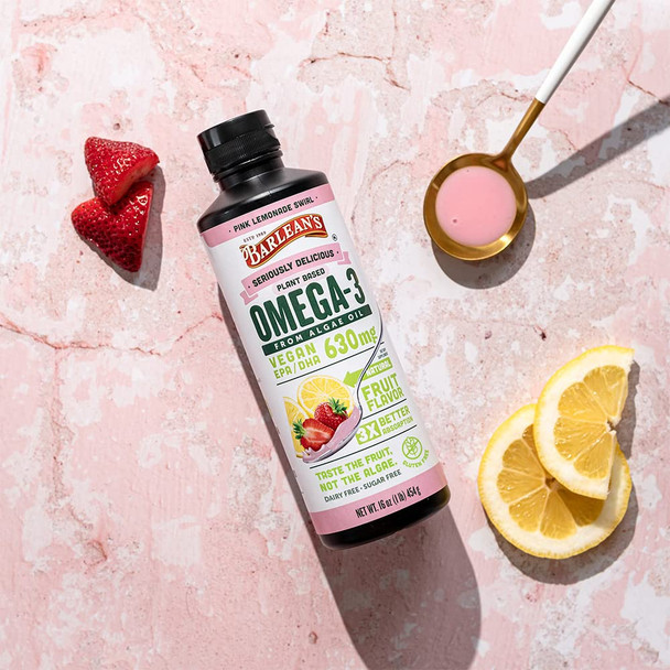 Barleans Organic Oils Seriously Delicious Pink Lemonade Swirl from Algae Oil with 630 mg of Omega3 EPA/DHA  Vegan AllNatural Fruit Flavor NonGMO GlutenFree  16 oz