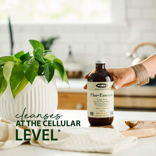 Flora  FlorEssence Liquid Tea Blend  Gentle Detox and Cleanse Tea with Burdock Root Sheep Sorrel Slippery Elm Watercress Rhubarb Kelp Gluten Free Kosher Vegan 17oz. Glass Bottle