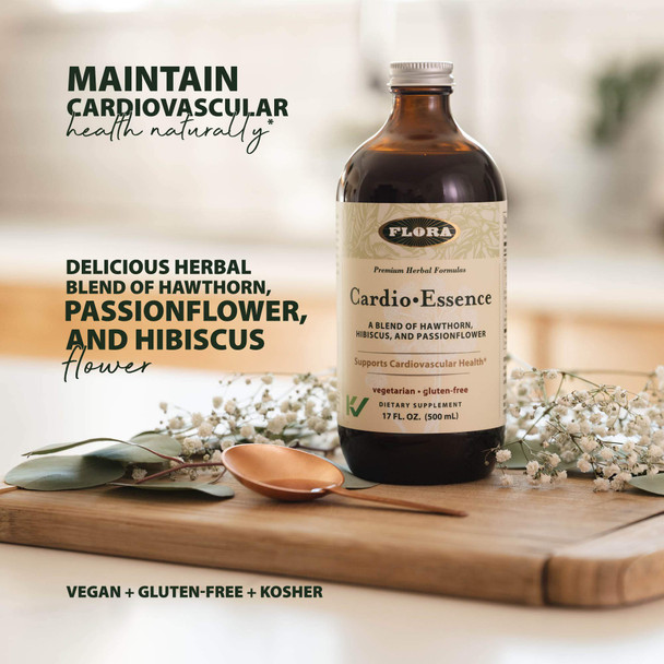 Flora  CardioEssence for Cardiovascular Health Relaxing Blend of Hawthorn Hibiscus  Passionflower Vegetarian Gluten Free Daily Tonic 17fl. oz. Glass Bottle