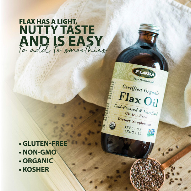 Flora  Certified Organic Flax Oil Rich in Omega3s Cold Pressed  Unrefined Immunity Skin Hair  Nail Care May Reduce Inflammation 32fl. oz. Glass Bottle