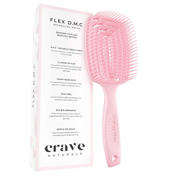 Crave Naturals FLEX DMC Detangling Brush for Thick  Curly Hair  Flexible Detangler Hairbrush Square Paddle  PINK