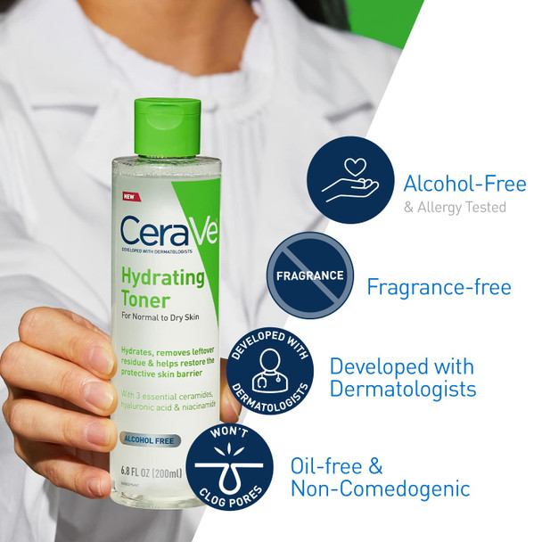 CeraVe Hydrating Toner for Face NonAlcoholic with Hyaluronic Acid Niacinamide and Ceramides for Sensitive Dry Skin FragranceFree Non Comedogenic Full Size 6.8 Fl Oz