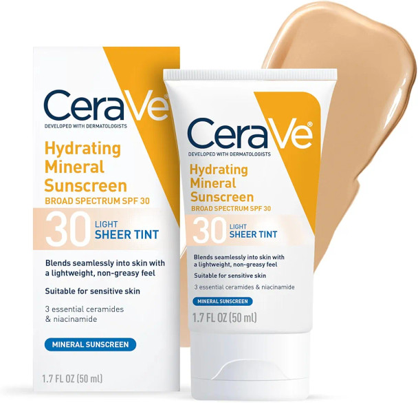 CeraVe Hydrating Mineral Sunscreen SPF 30 with Sheer Tint Tinted Mineral Sunscreen with Zinc Oxide & Titanium Dioxide Blends Seamlessly For Healthy Glow Light 1.7 Oz