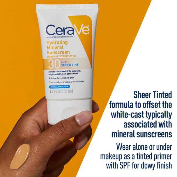 CeraVe Tinted Sunscreen with SPF 30  Hydrating Mineral Sunscreen With Zinc Oxide  Titanium Dioxide  Sheer Tint for Healthy Glow  1.7 Fluid Ounce