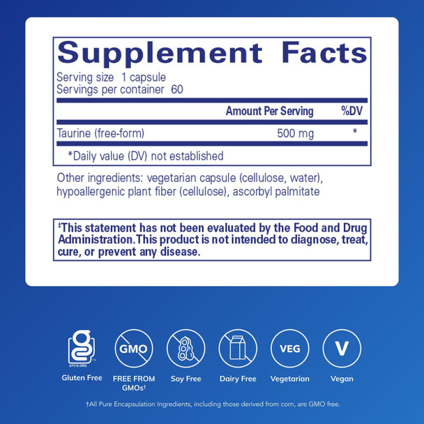 Pure Encapsulations Taurine 500 mg | Amino Acid Supplement for Liver, Eye Health, Antioxidants, Heart, Brain, and Muscles | 60 Capsules