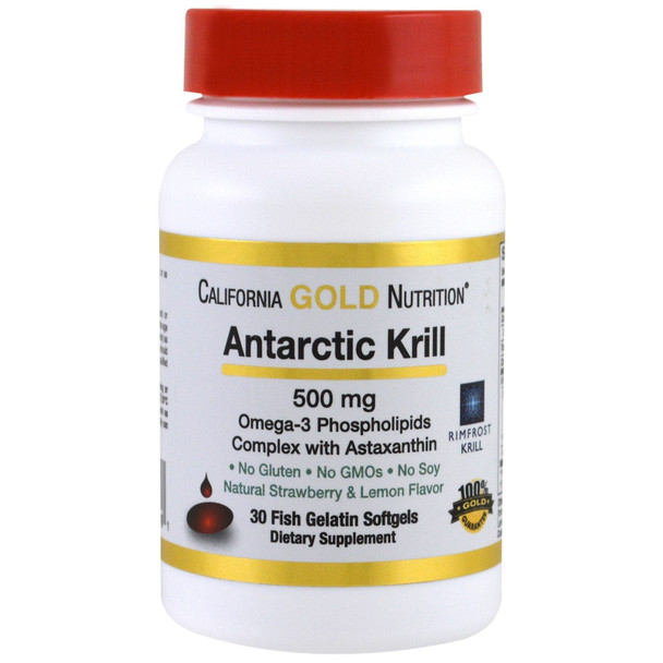 California Gold Nutrition Antarctic Krill Oil, with Astaxanthin, RIMFROST, Natural Strawberry & Lemon Flavor, 500 mg, 30 Fish Gelatin Softgels