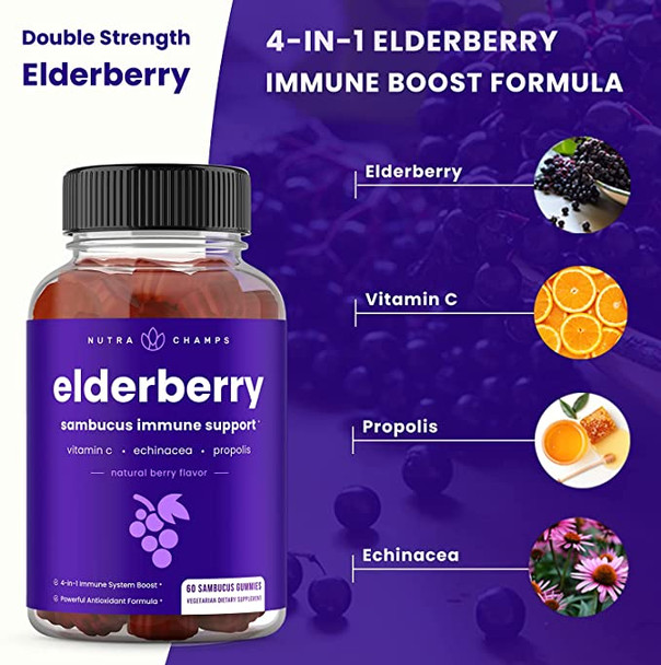 Elderberry Gummies with Vitamin C, Propolis & Echinacea - Immune System Support Gummy Vitamins for Adults & Kids - Max Strength 200mg Sambucus Antioxidant