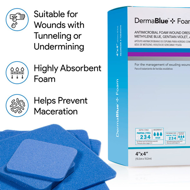 DermaBlue Antimicrobial Foam Wound Dressing 4 x 5 x 1/4  Conformable  with Methylene Blue Gentian Violet and Silver  Broad Spectrum Antimicrobial and Antifungal Protection  10 Pack